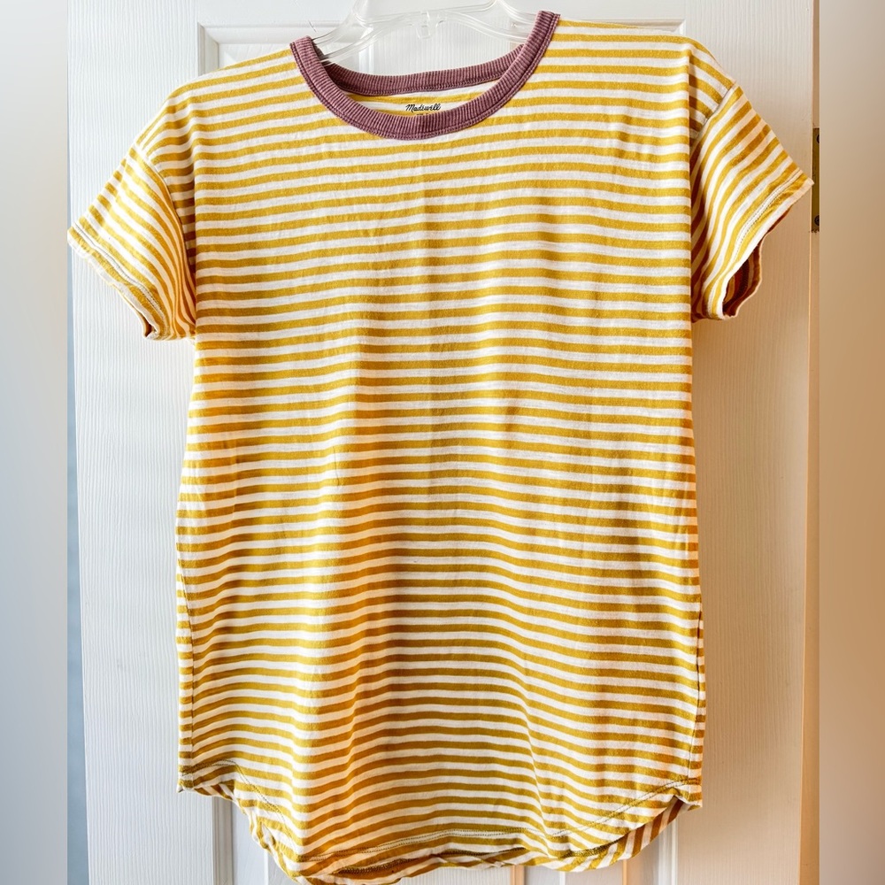 Madewell Yellow and White Striped Short Sleeve Tee with Mauve Trim